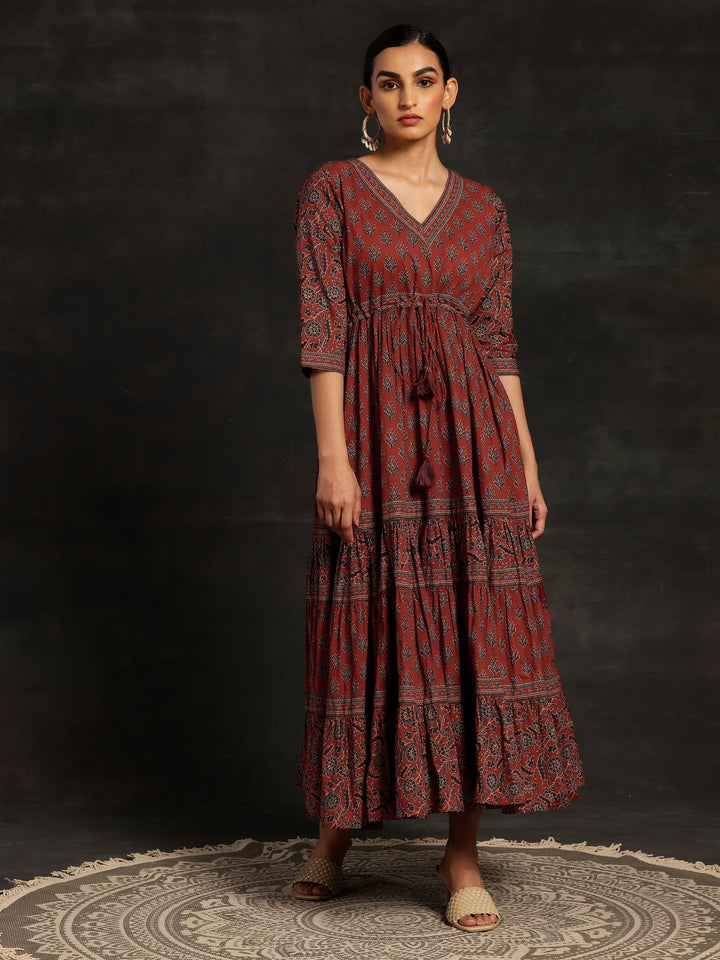 Maroon Printed Cotton A-Line Dress