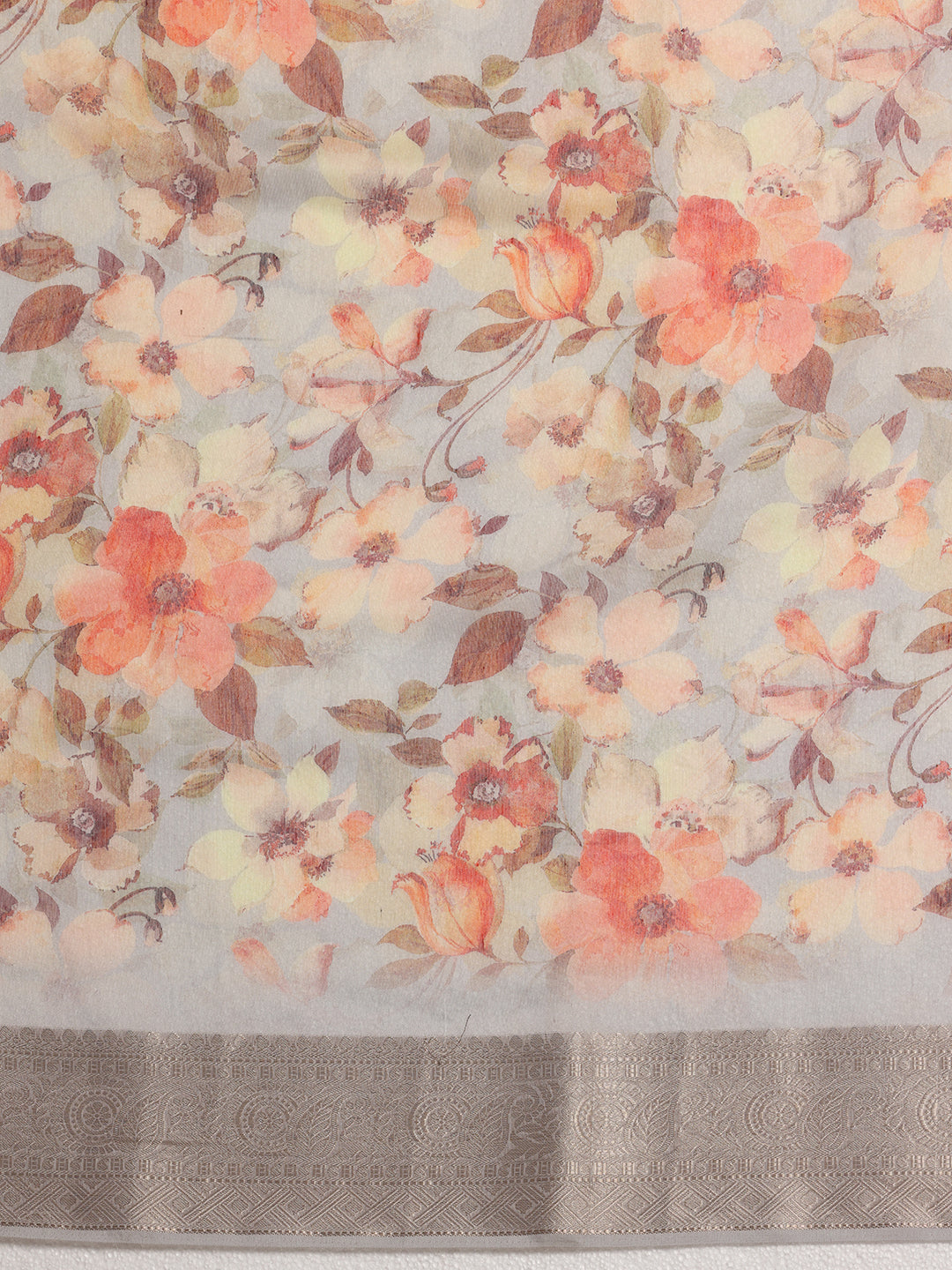 Grey Printed Silk Blend Saree With Unstitched Blouse Piece