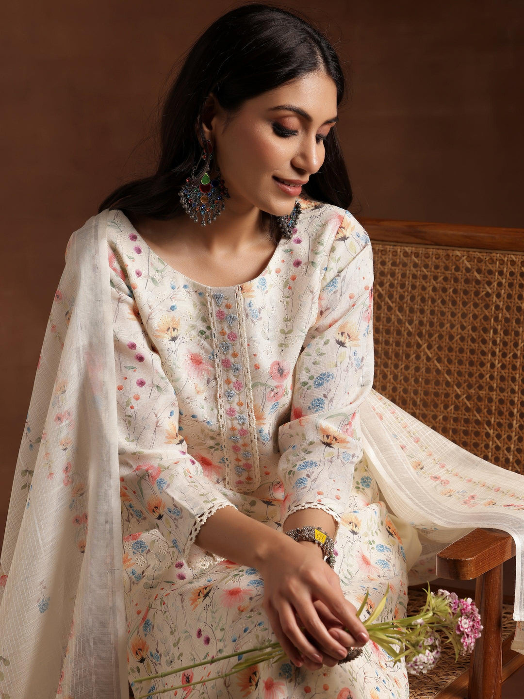 Cream Printed Cotton Straight Suit With Dupatta