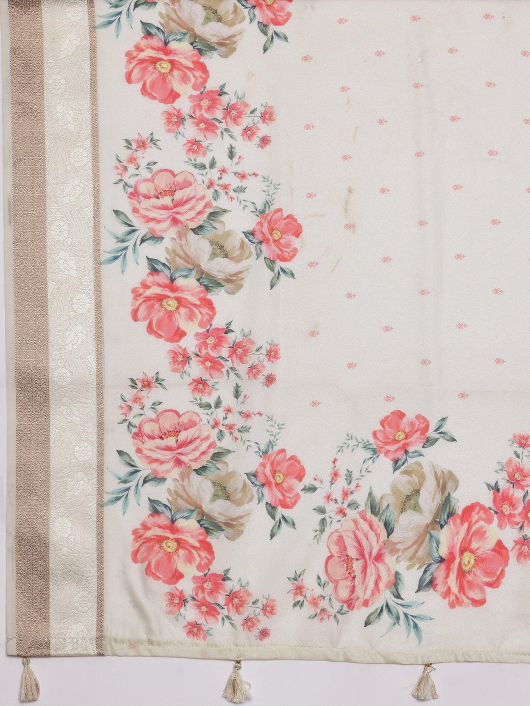 Off White Printed Silk Blend Saree With Unstitched Blouse Piece - Libas