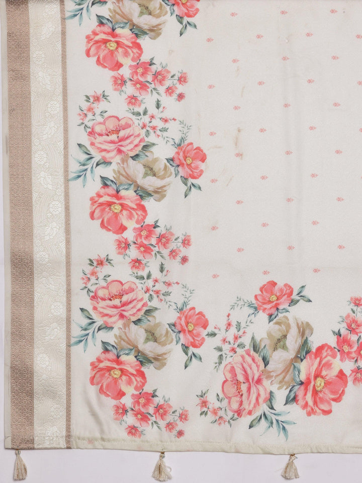 Off White Printed Silk Blend Saree With Unstitched Blouse Piece