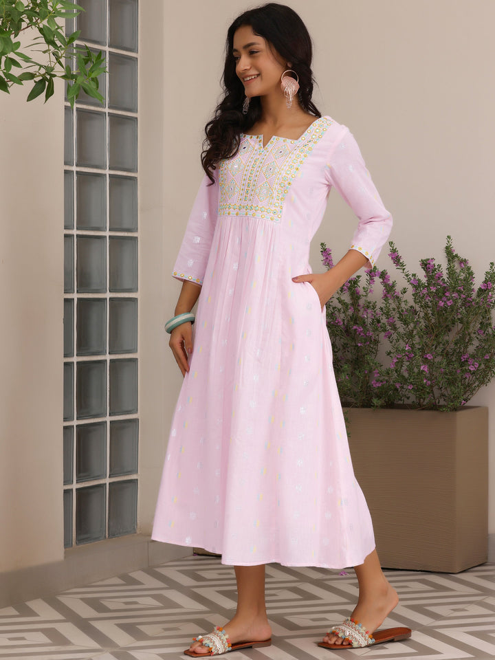 Pink Self Design Cotton A-Line Dress