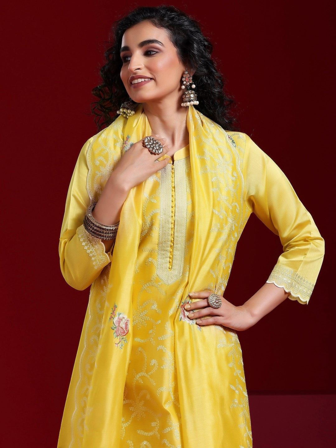 Libas Art Yellow Embroidered Chanderi Silk Straight Suit With Dupatta