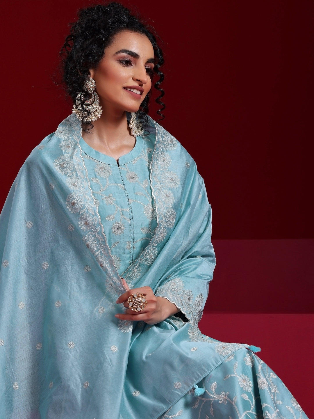 Libas Art Blue Embroidered Chanderi Silk Straight Suit With Dupatta