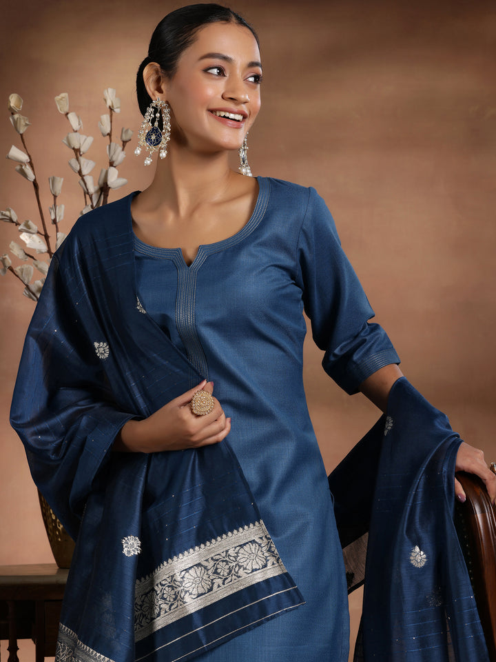 Teal Solid Cotton Blend Straight Suit With Dupatta