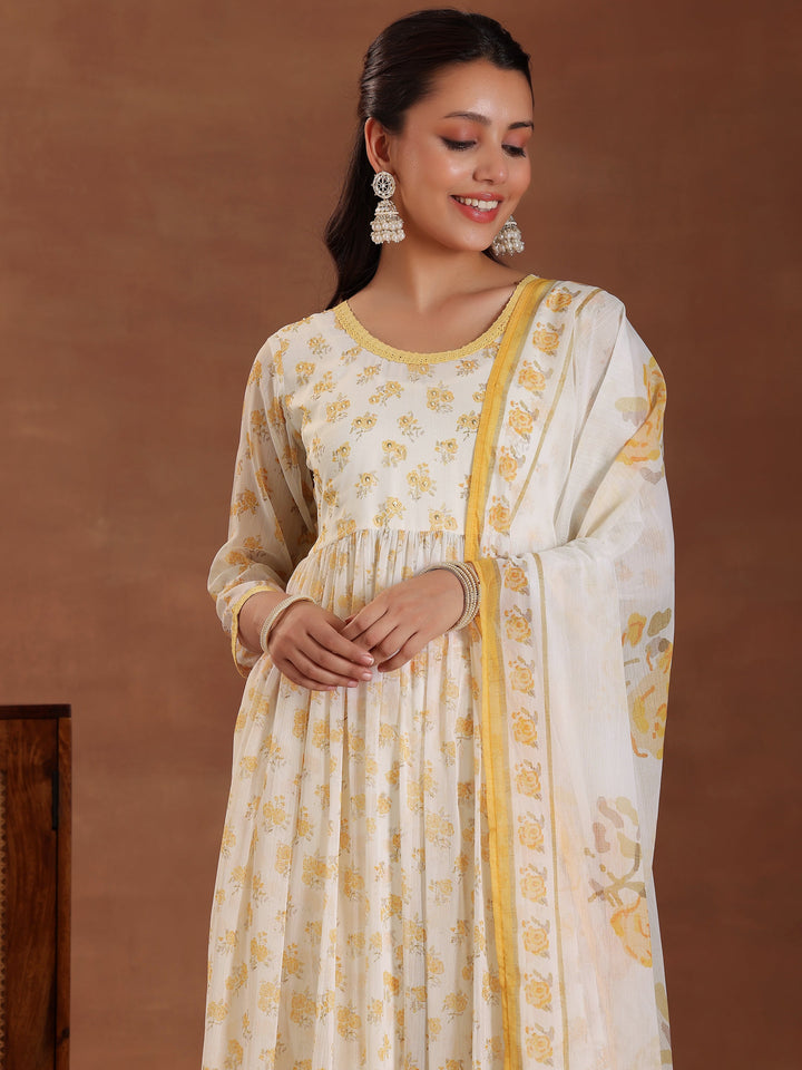 Off white Printed Poly Chiffon A-Line Kurta With Trousers & Dupatta