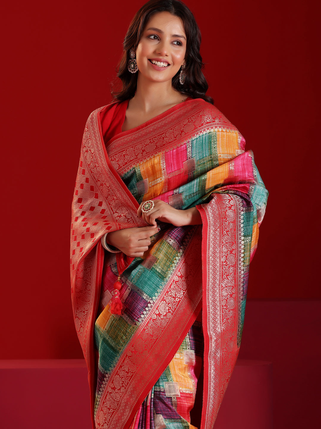 Libas Art Multicoloured Woven Design Satin Saree With Unstitched  Blouse Piece