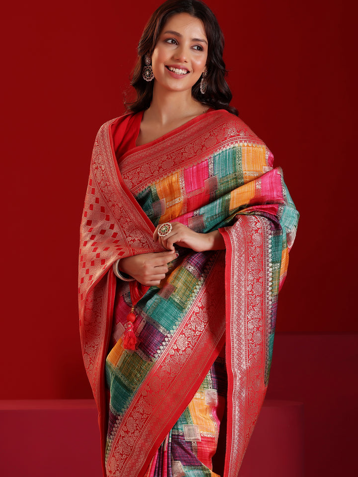 Libas Art Multicoloured Woven Design Satin Saree With Unstitched  Blouse Piece