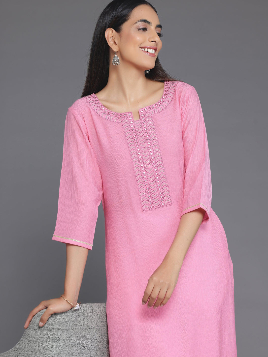 Pink Yoke Design Cotton Straight Kurta