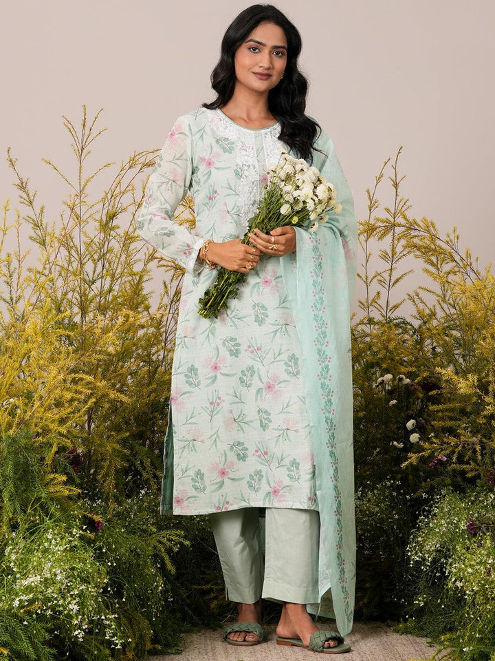 Green Printed Cotton Blend Straight Suit With Dupatta