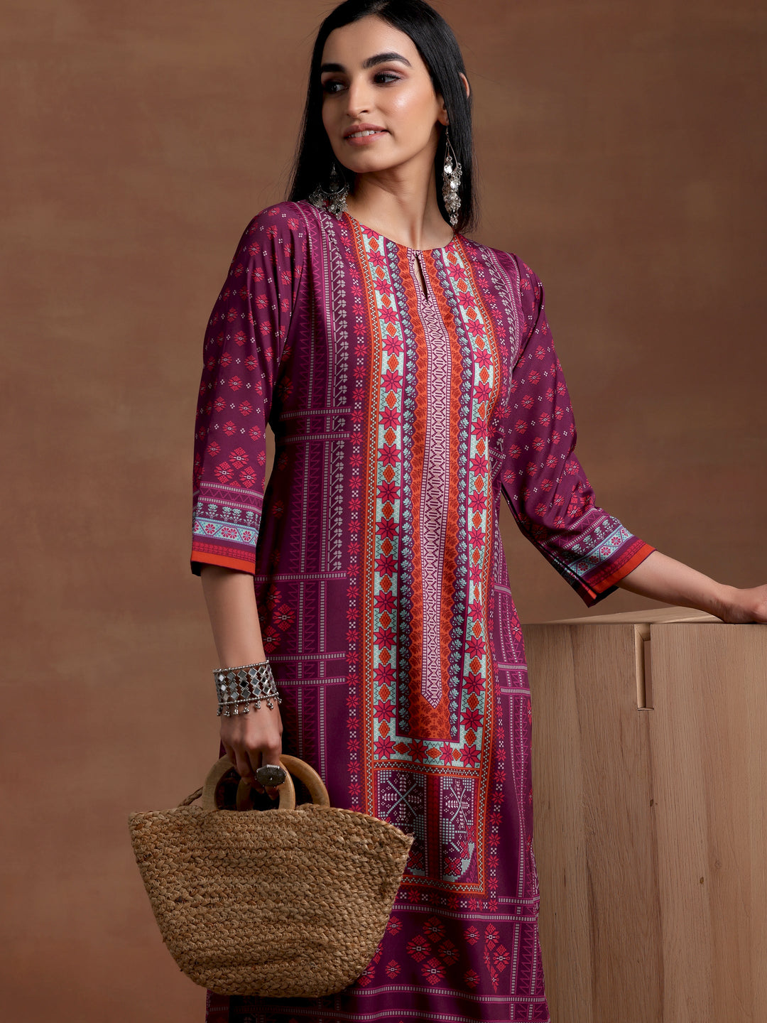 Wine Printed Poly Crepe Straight Kurta Set