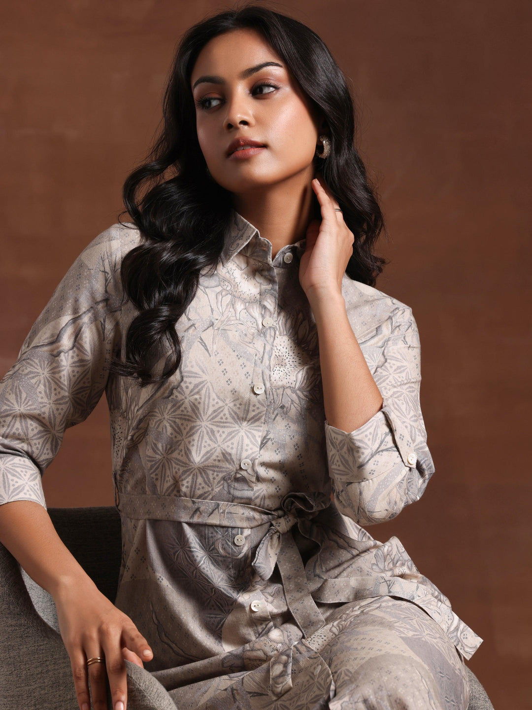 Off White Printed Cotton Blend Shirt Dress