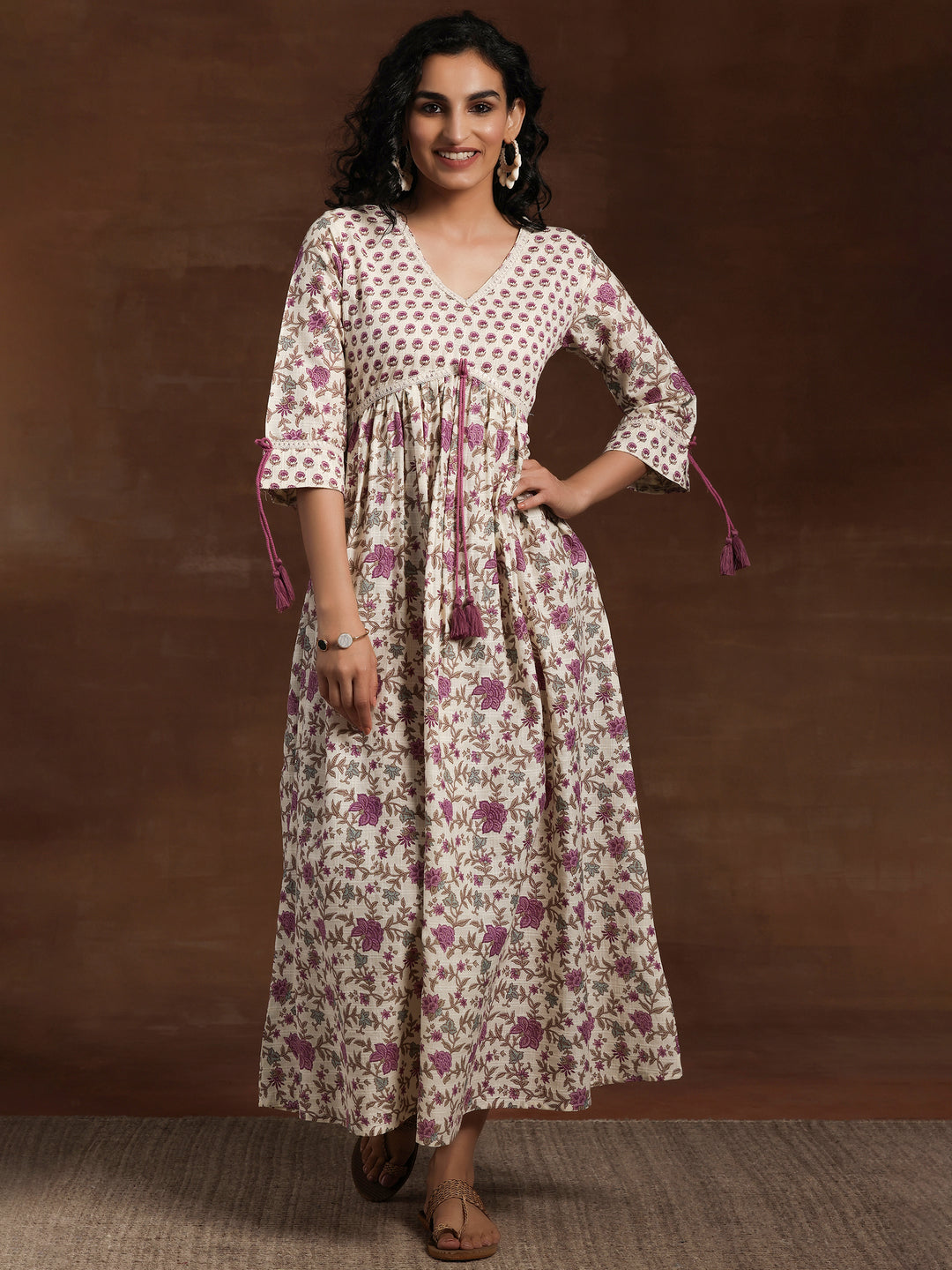 Off White Printed Cotton Fit and Flare Dress