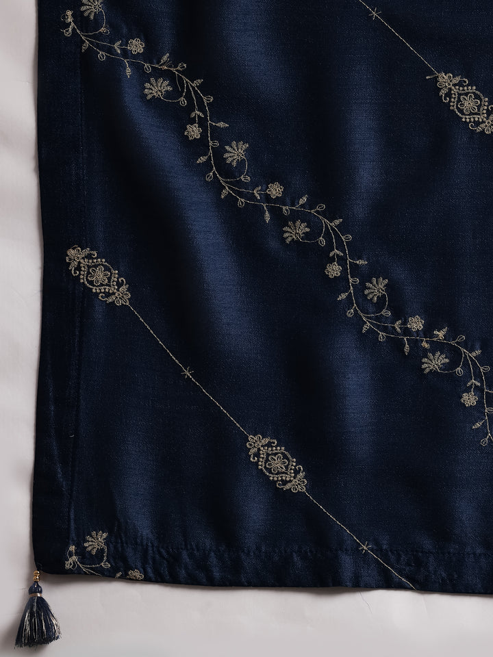 Blue Embroidered Silk Blend A-Line Kurta With Trousers & Dupatta