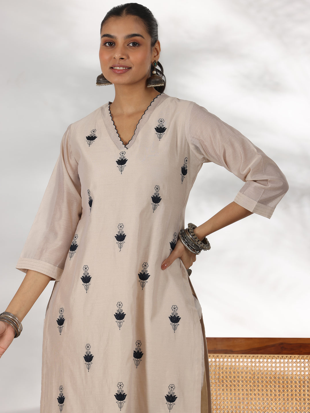 Beige Embroidered Chanderi Silk Straight Suit With Dupatta