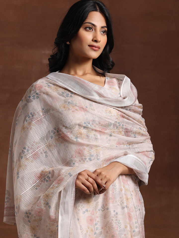 Beige Printed Chanderi Silk Straight Suit With Dupatta