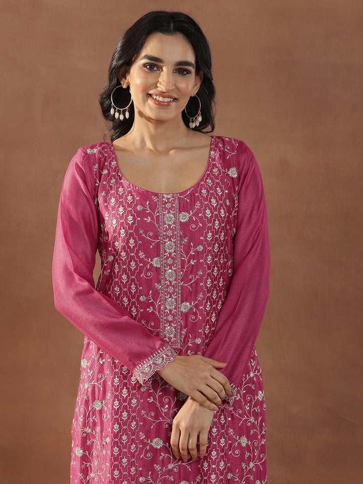 Pink Embroidered Silk Blend Straight Suits With Dupatta