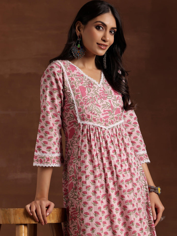 Pink Printed Cotton A-Line Kurta With Palazzos