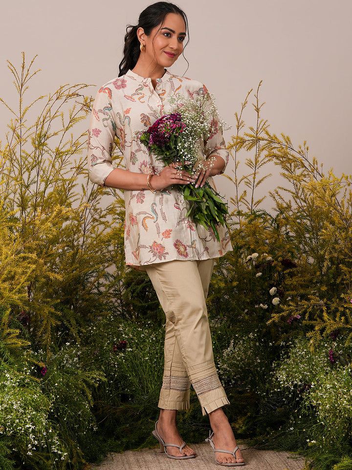 Beige Printed Silk Blend A-Line Kurti