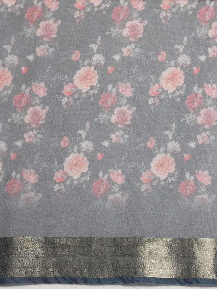 Blue Printed Organza Saree With Unstitched Blouse Piece