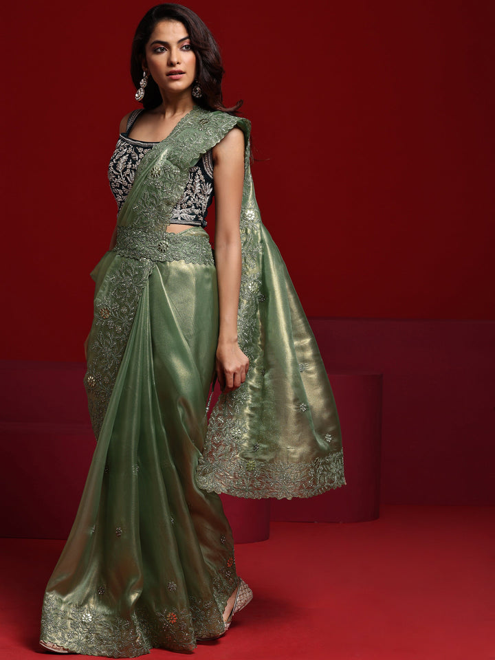 Libas Art Green Embroidered Silk Blend Saree With Unstitched Blouse Piece