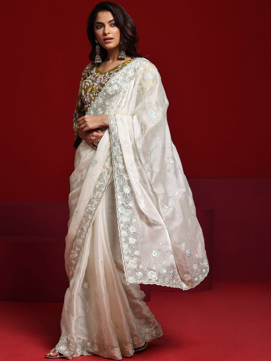 Libas Art Off White Embellished Tissue Saree With Unstitched Blouse Piece