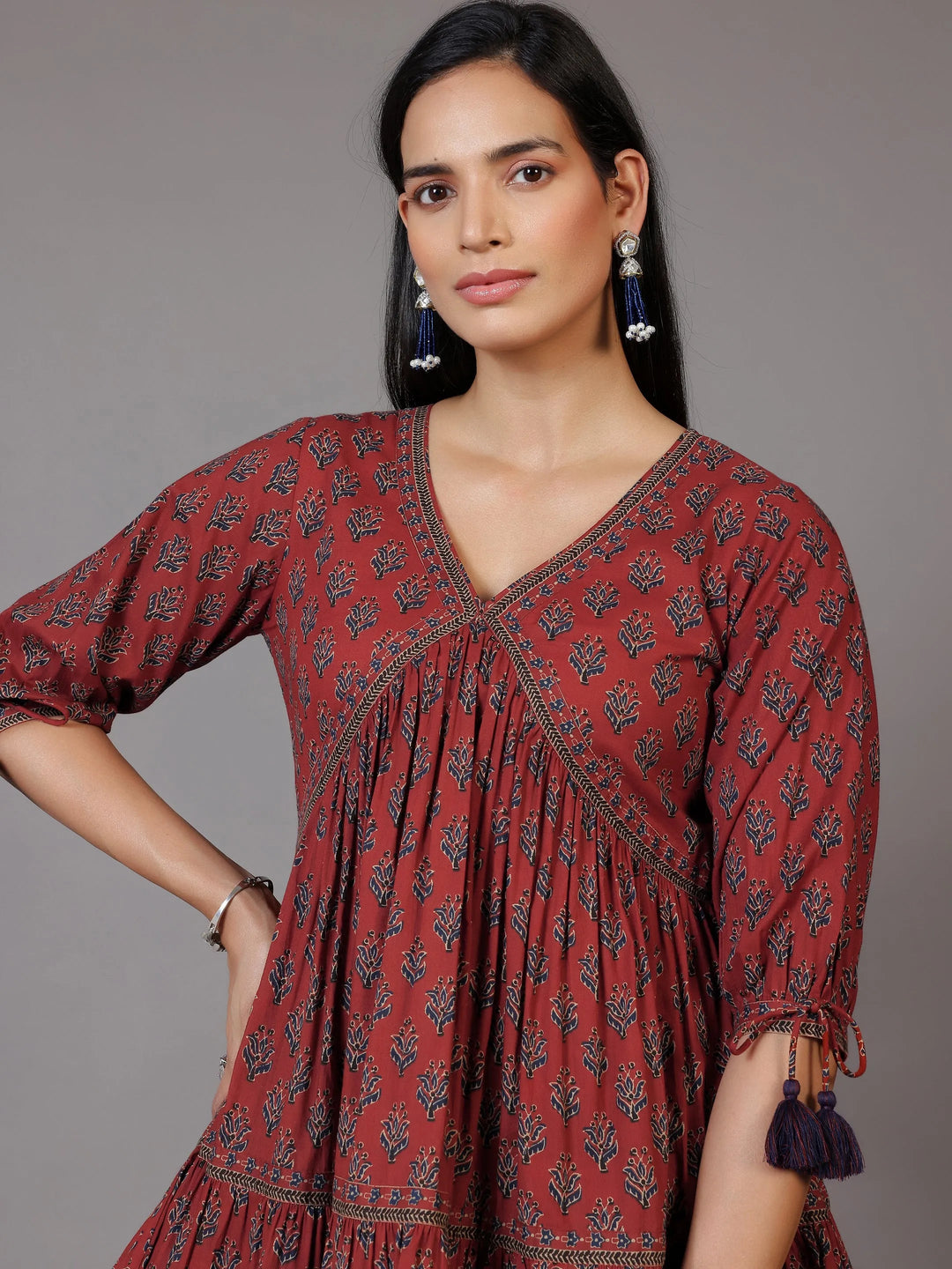Rust Printed Cotton A-Line Kurti