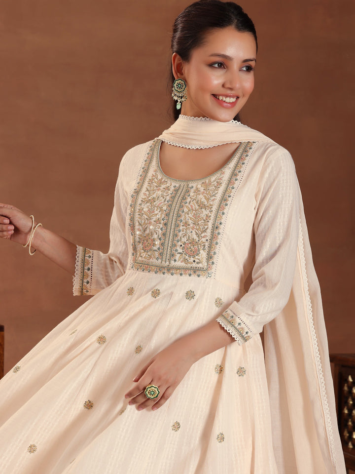 Peach Embroidered Pure Cotton A-line Kurta With Trouers & Dupatta