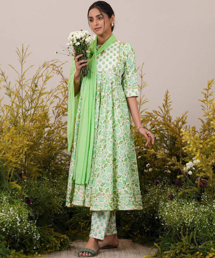 Green Yoke Design Cotton Anarkali Suit With Dupatta