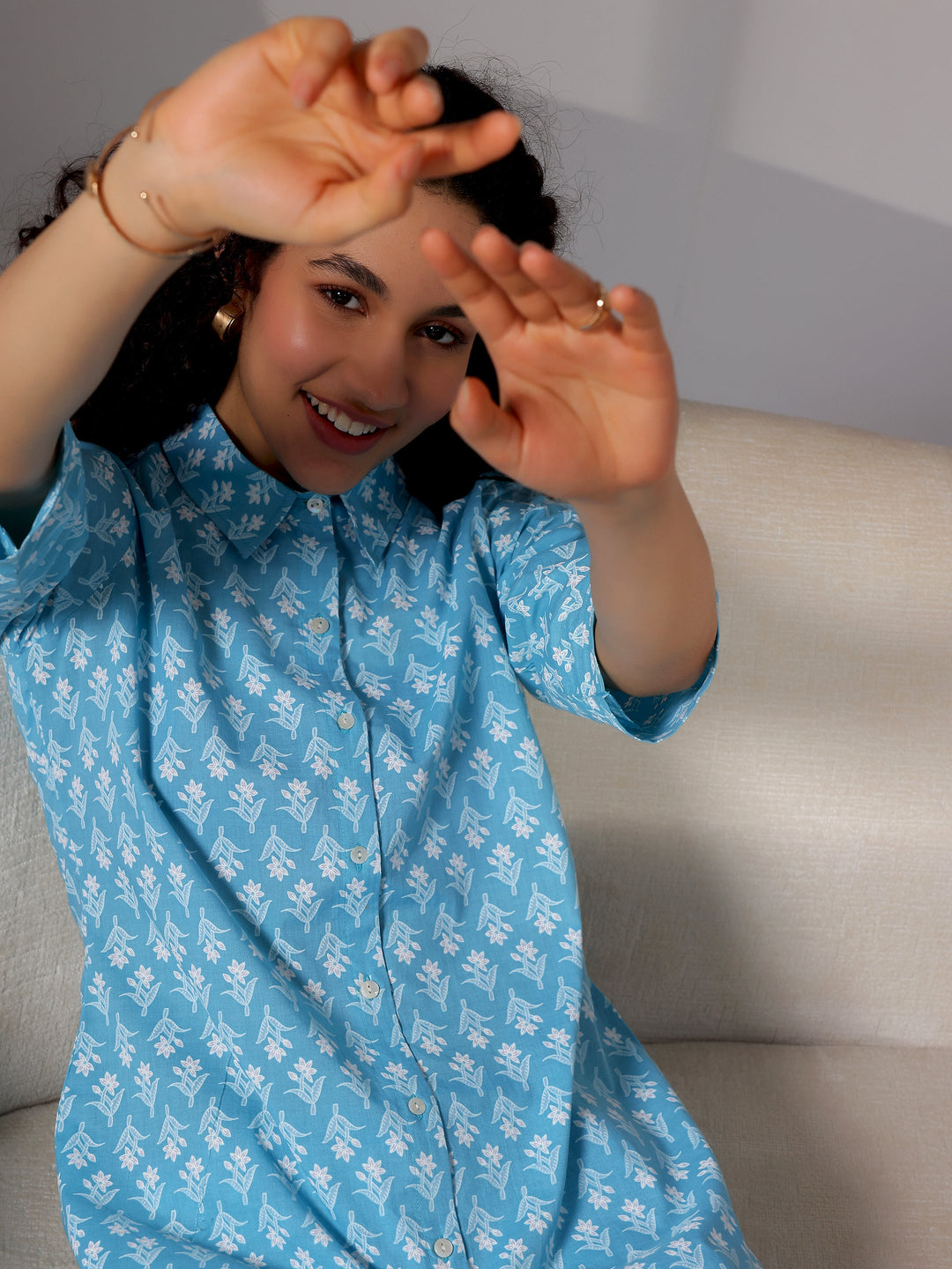 Blue Printed Cotton Night Suits