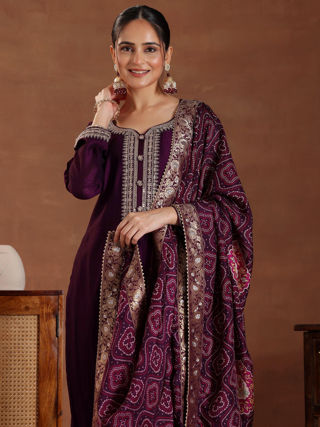 Wine Embroidered Silk Blend Straight Suit With Dupatta