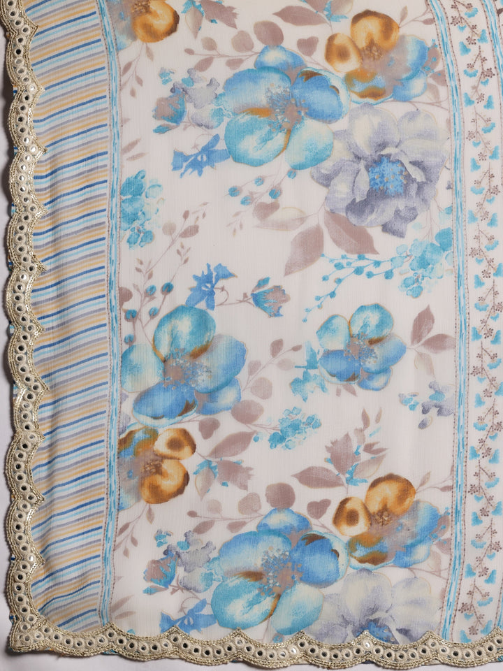 Off white Printed Silk Blend A-Line Kurta With Palazzos & Dupatta