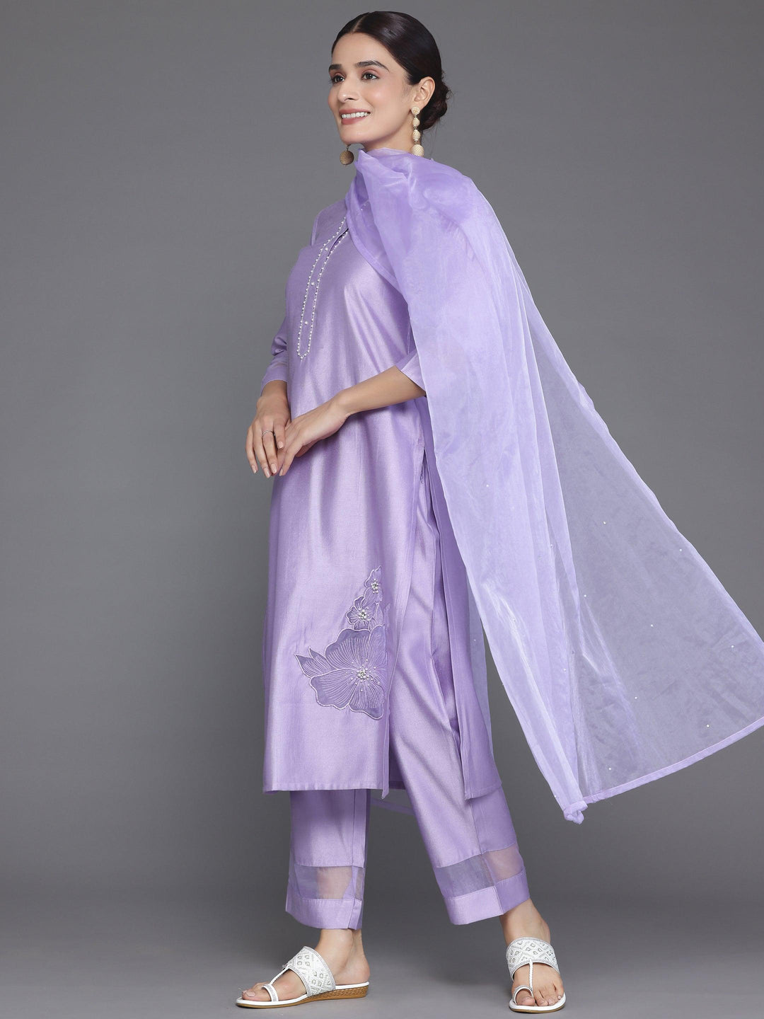 Lavender Solid Silk Blend Straight Suit With Dupatta