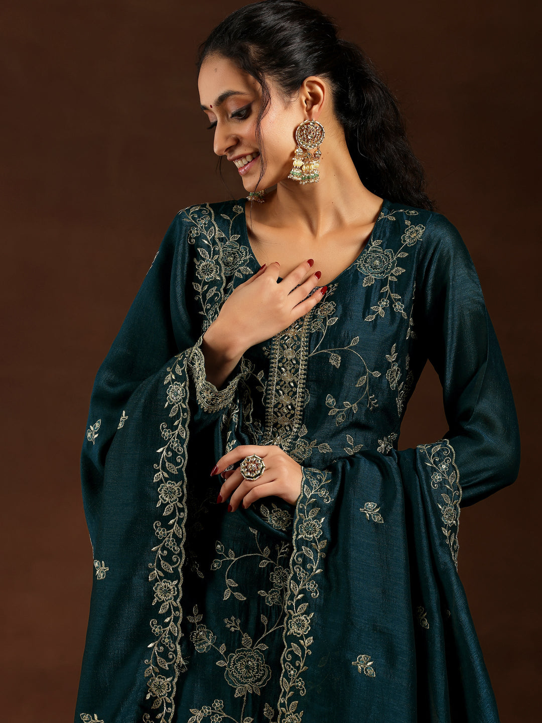 Teal Embroidered Silk Blend Straight Suit With Dupatta