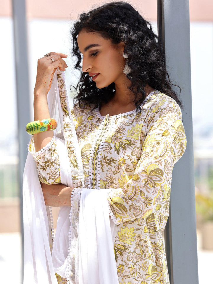 Off white Printed Cotton Straight Suit With Dupatta