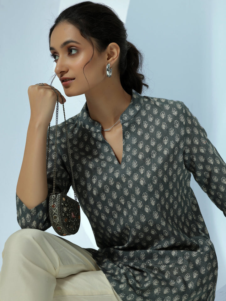 Grey Printed Cotton Blend Straight Kurti