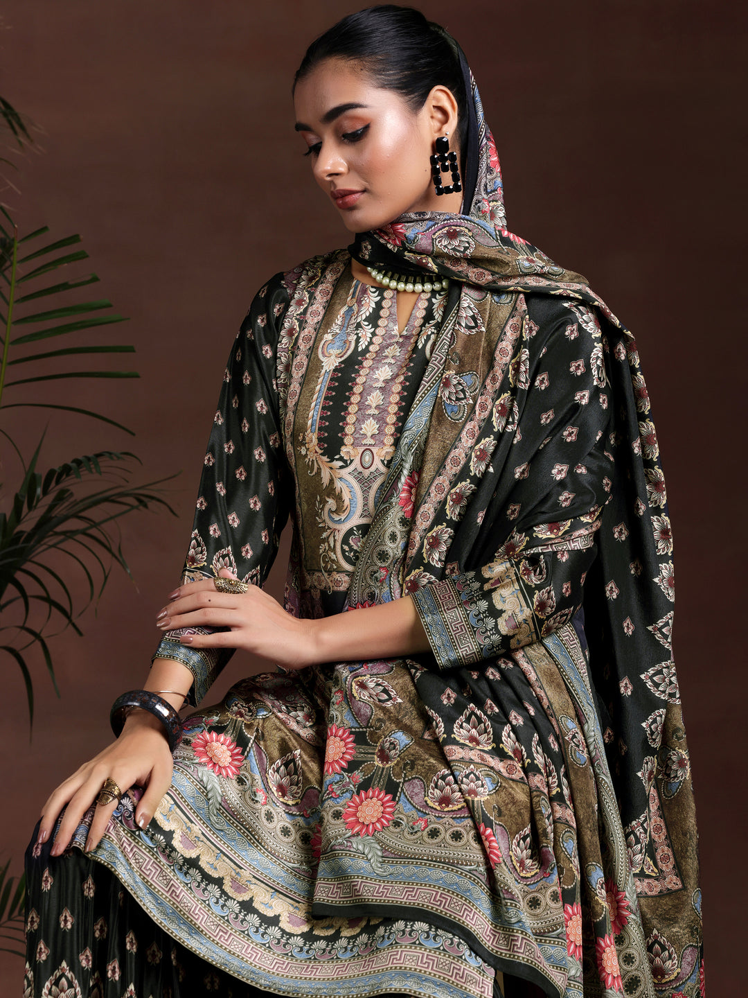 Multi Printed Silk Blend Straight Suit With Dupatta