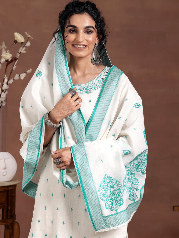Off White Woven Design Chanderi Silk Straight Suit With Dupatta