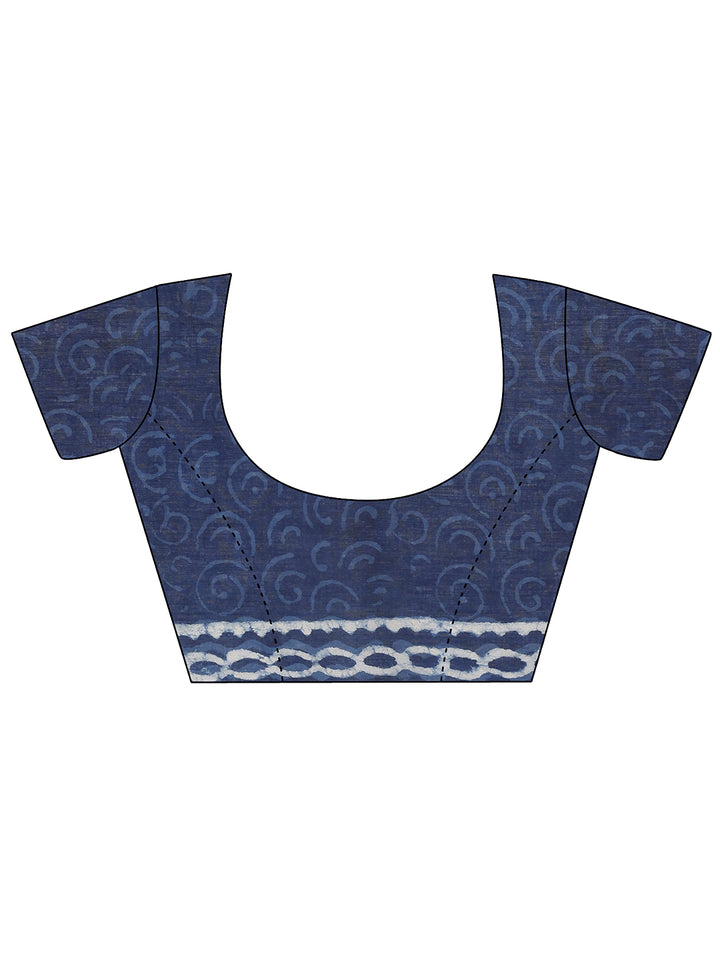 Indigo Printed Cotton Saree With Unstitched Blouse Piece