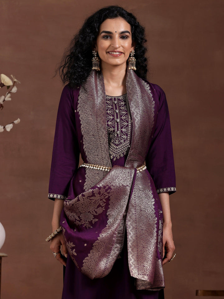 Wine Yoke Design Silk Blend Straight Suit With Dupatta