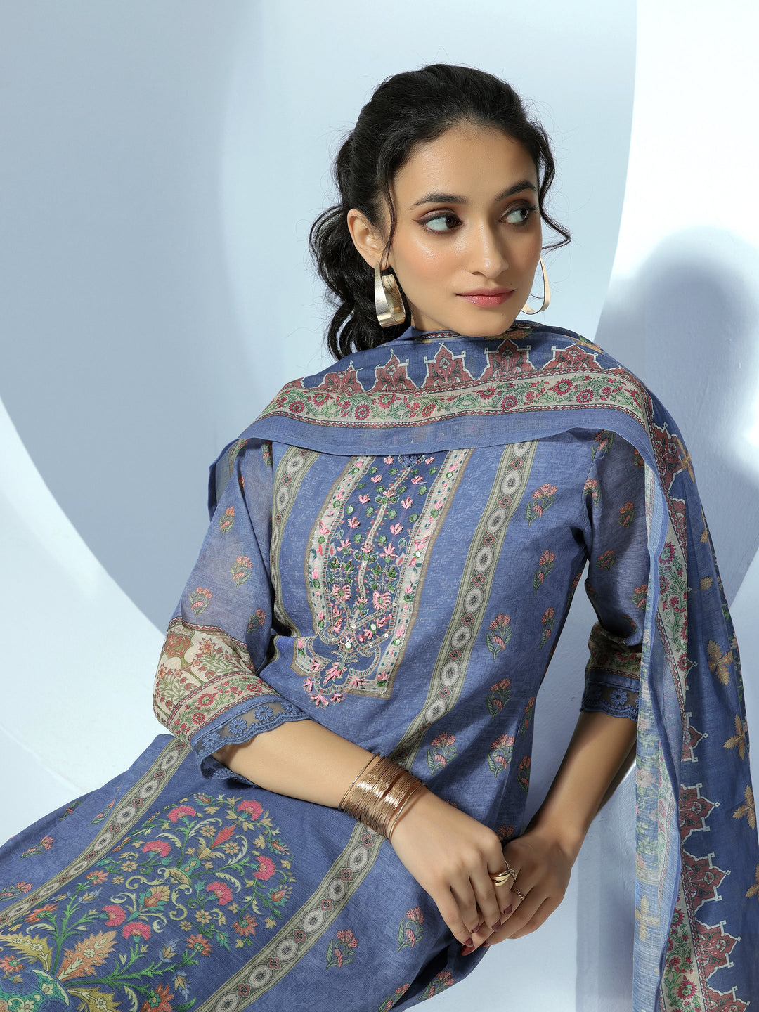 Blue Printed Cotton Blend Straight Suit With Dupatta