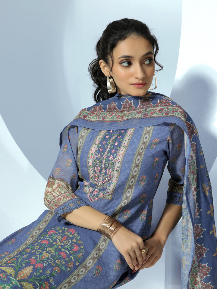 Blue Printed Cotton Blend Straight Suit With Dupatta
