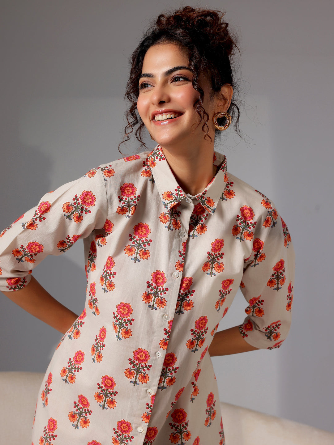 Beige Printed Cotton Night Suits