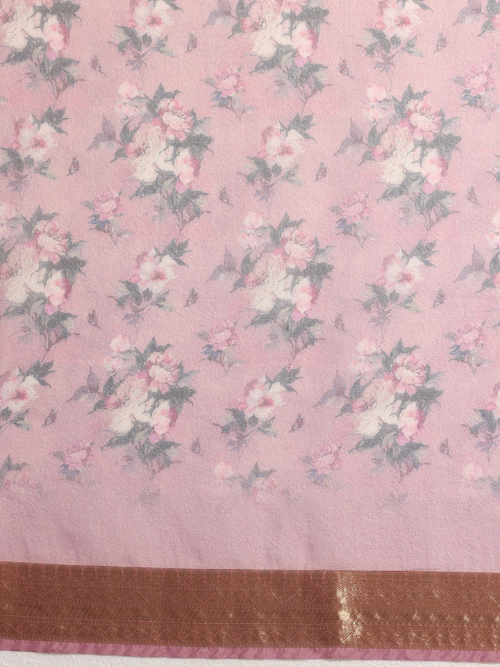 Purple Printed Organza Saree With Unstitched Blouse Piece