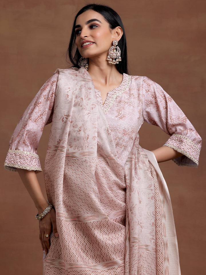 Beige Embroidered Cotton Blend Straight Suit With Dupatta