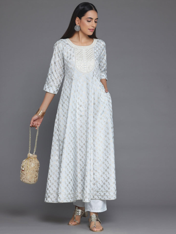 Grey Printed Silk Blend A-Line Kurta With Trousers