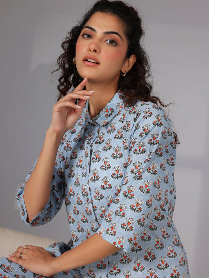 Blue Printed Cotton Night Suits