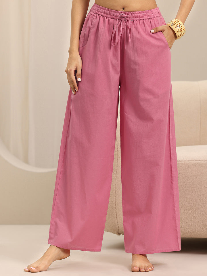 Pink Solid Cotton Night Suits