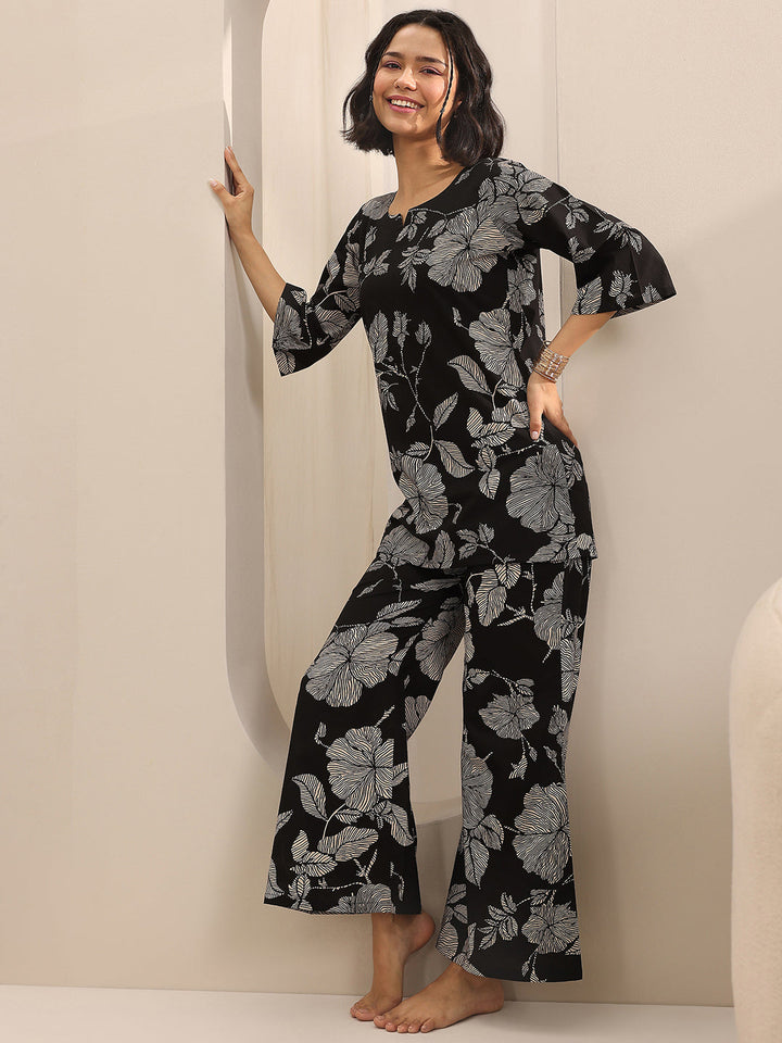 Black Printed Cotton Night Suits