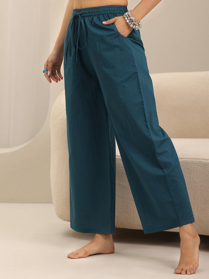 Teal Solid Cotton Night Suits